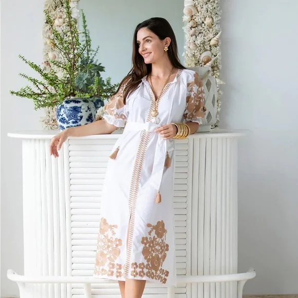 Julia Amory Short Sleeve Coatue Caftan Camel Embroidered Midi Dress - Picture 2 of 11